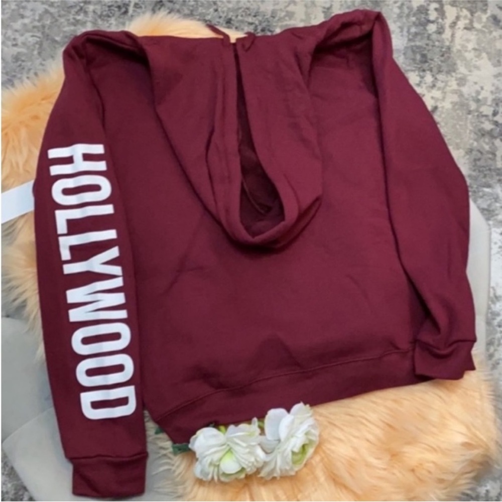 Burgundy Hooded Sweat Jacket White Script Hollywood Logo Sz M NEW! FIRM!